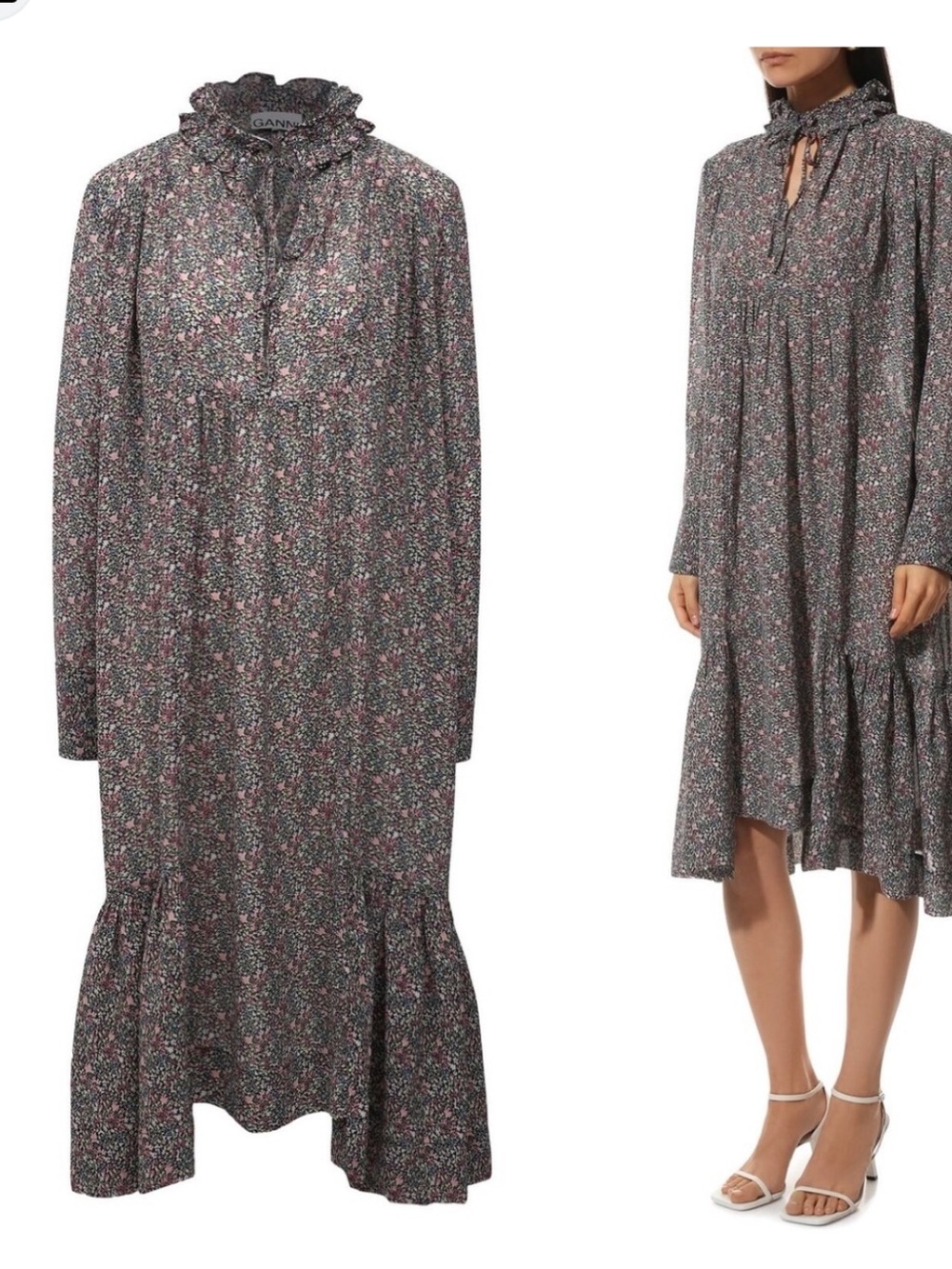 Ganni Black Floral Ruffle-Neck Long Sleeve Dress